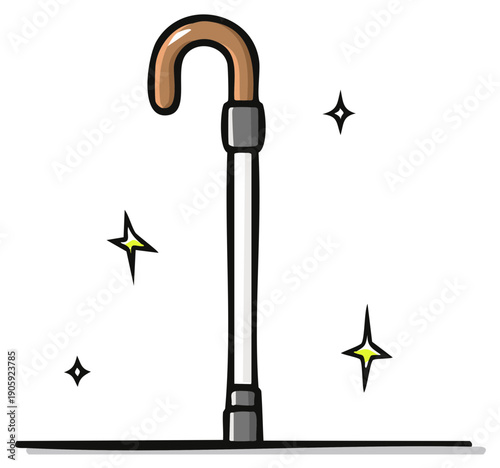 Cartoon walking cane with a curved handle and shimmering stars