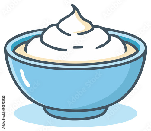Cartoon Bowl Filled with White Cream, Dessert Vector Illustration