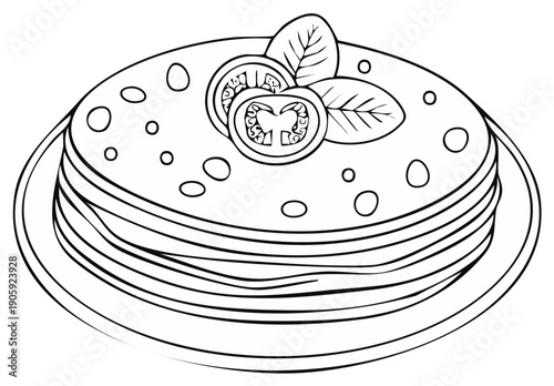 Outline drawing of a stack of savory pancakes garnished with tomato and basil
