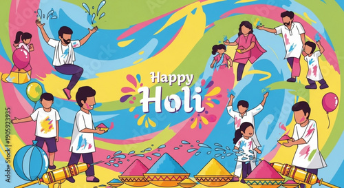 Vibrant holi celebration with children playing colorful powder and water in joyful festival atmosphere