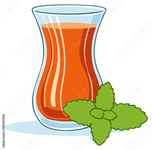Traditional Turkish tea glass with beverage and mint leaves illustration