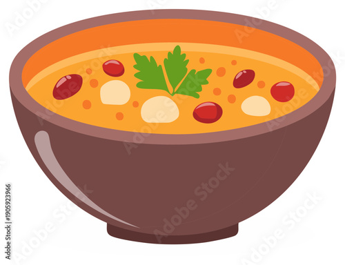 Illustration of a hearty soup in a brown bowl with vegetables and garnishes.
