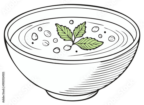 Hand drawn illustration of a bowl of creamy soup garnished with fresh green mint leaves