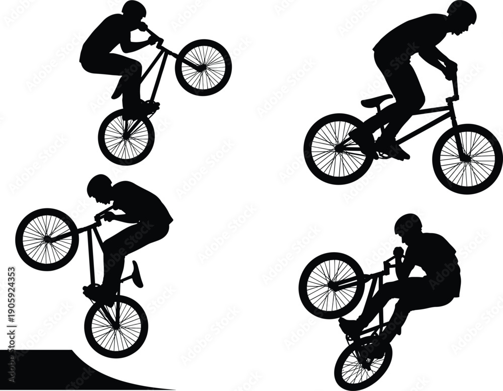 Fototapeta premium BMX biking silhouette illustration, stunt rider performing tricks, ramp jump action, extreme sport design, dynamic motion artwork, black and white