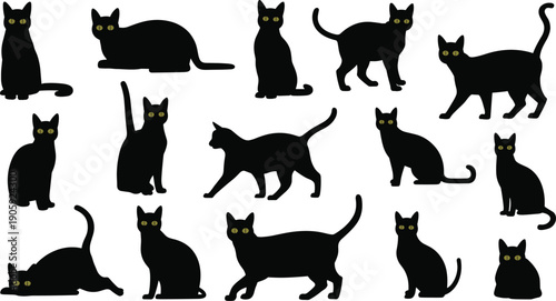 Black cat silhouette set with green eyes in different poses, sitting and walking feline collection, cute kitty vector illustration isolated on white background.