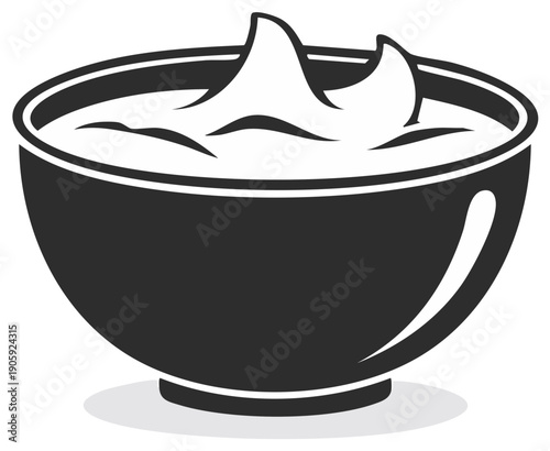Stylized black bowl filled with creamy white dip or sauce graphic representation, vector illustration of condiment container
