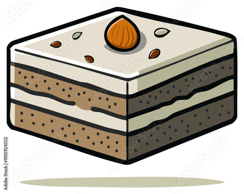 Layered Brown and White Dessert Slice with Almond Topping Cartoon Drawing