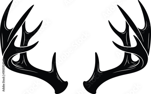 "Stylized symmetrical black silhouette illustration of deer antlers with branching tines for wildlife, hunting, logo design, tattoo, and decorative projects"