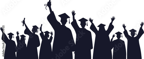 Graduation ceremony silhouette of students celebrating with raised hands and diplomas, university graduates in caps and gowns, education success concept isolated on white background.