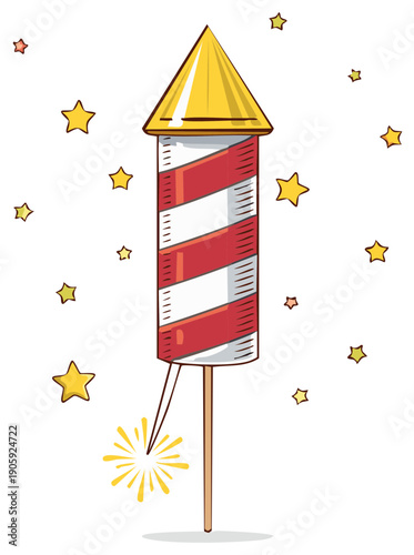 Red and white striped firework rocket with golden top and sparkling star decorations