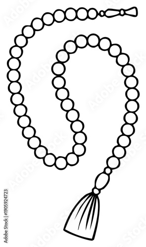 Prayer beads illustration: Traditional Muslim or Eastern European rosary line art isolated on white