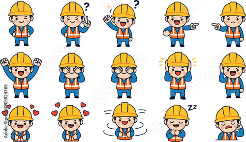 Cartoon construction worker character illustration set, emotional expressions, safety vest and hard hat design, communication gesture artwork, occupational icon