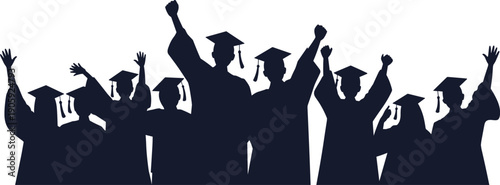 Graduation silhouette of happy students raising hands, group of university graduates in caps and gowns celebrating success, education achievement concept isolated on white background.