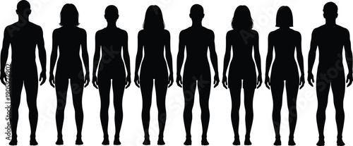 Silhouette illustration of nine human figures standing side by side, alternating male and female forms, vector artwork symbolizing anatomy, gender representation, and character design concepts