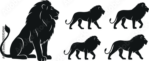 Silhouette illustration of six lions in varied poses and sizes, vector artwork symbolizing strength, wildlife, animal behavior, anatomy, and artistic design concepts