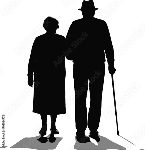Silhouetted elderly couple walks arm-in-arm together, suggesting lifelong partnership and support.