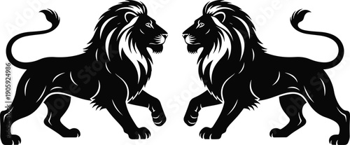 "Stylized symmetrical black silhouette illustration of two lions facing each other with raised paw and flowing mane for heraldry, logo, and decorative projects"