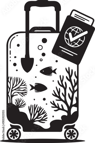 Illustration suitcase with underwater scene passport ready for travel