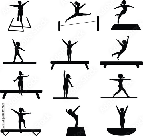 Set of gymnast silhouette icons showing female athlete performing balance beam, vault, uneven bars and floor exercises, black sport figures isolated on white background.