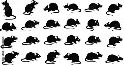 Silhouette illustration of twenty mice in grid layout showing varied poses, tail positions, and ear shapes, vector artwork symbolizing animal behavior, biology, and design concepts