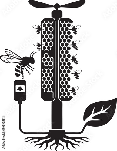 Cybernetic bee hive station with solar leaf and tech honeycombs art