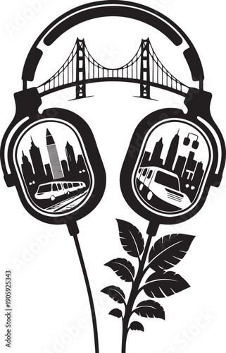 Headphones with golden gate bridge and urban cityscape design
