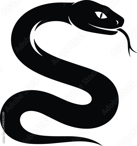 Stylized silhouette illustration of snake coiled in shape of letter S with forked tongue, vector artwork symbolizing danger, transformation, nature, and artistic design concepts