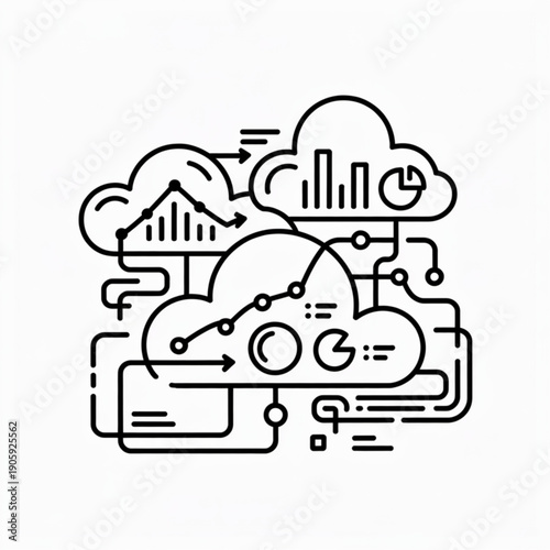 Monoline Cloud Computing Data Analysis Network Icon Illustration