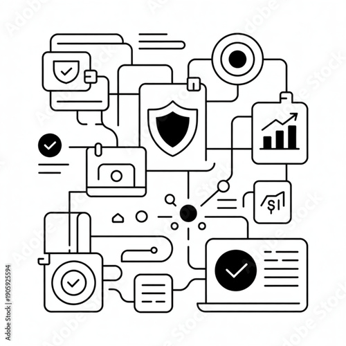 Interconnected digital security and data management network illustration in minimalist line art.