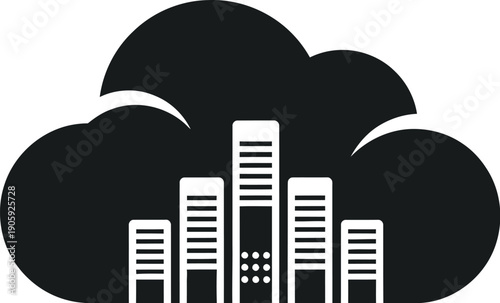 Cloud computing servers are represented by a black silhouette graphic beneath a large dark cloud shape.