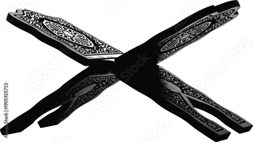 Ornate book stand holds an open religious text, likely a Quran or similar scripture, presented in a dark, stylized illustration.