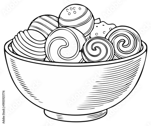 Bowl Full of Decorated Candy Sweets Dessert Vector Illustration Line Art Style