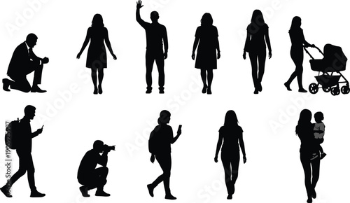 Human silhouette illustration, everyday activities poses, walking figures, stroller parent, photographer crouching, backpack traveler, waving gesture, black and white art