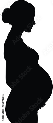 Pregnant woman side profile silhouette shows her large abdomen held gently by both hands, emphasizing maternity and expectant.