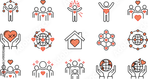 Love and care icon set, community unity symbols, global compassion design, heart and hand illustrations, black and red artwork