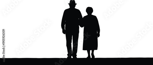 Elderly couple silhouette walks arm in arm, symbolizing companionship and long term relationship stability against a white backdrop.