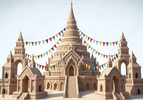 Ornate thai temple structure decorated with colorful triangular flags and gateways