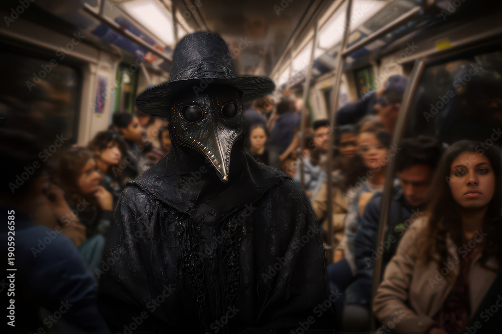 Fototapeta premium Plague doctor sitting on crowded subway train, commuting among oblivious passengers, symbolic pandemic allegory, eerie atmosphere