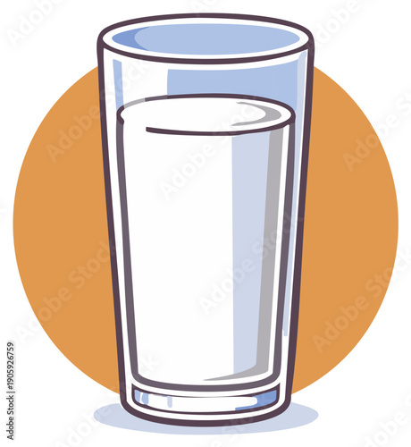 Clear glass filled with fresh white milk, presented in a clean and simple cartoon illustration style