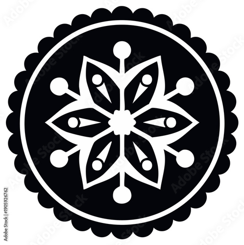 Ornate symmetrical folk art floral medallion with a six-pointed star design. Black and white vector icon.
