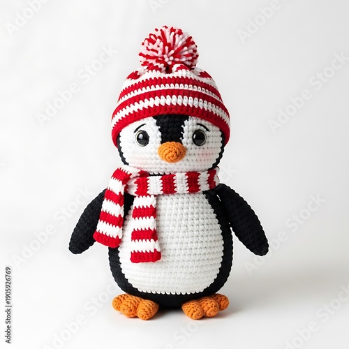 Adorable crocheted penguin plush toy wearing a striped hat and scarf