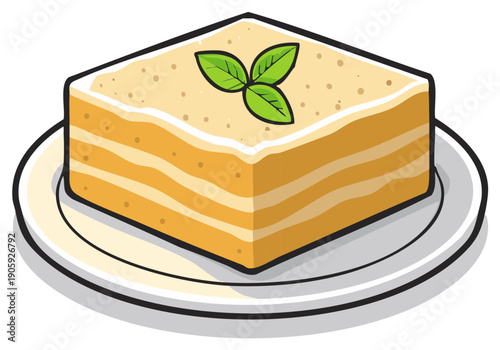 Square layered dessert with basil on a plate, simple cartoon illustration