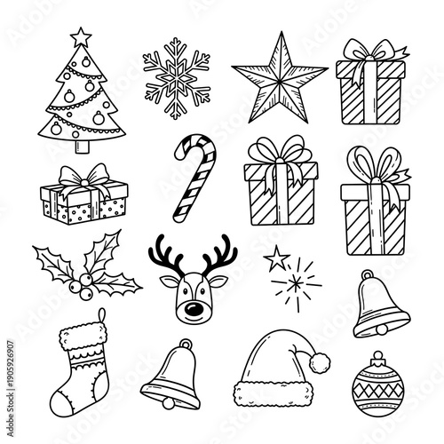 Doodle style christmas icons including trees snowflakes gifts and reindeer