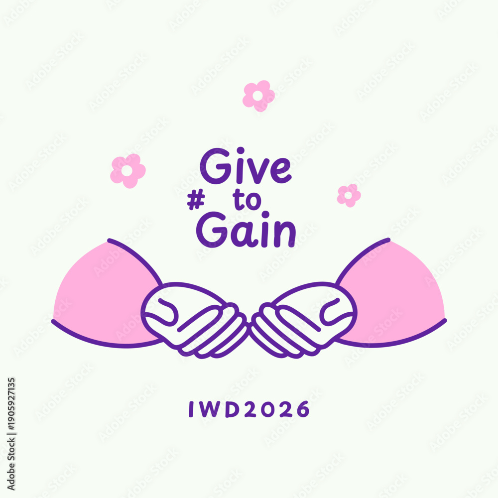 Obraz premium IWD 2026 Give to Gain poster template. Minimalist trendy background International Women's Day. Flat style. Pink violet color.