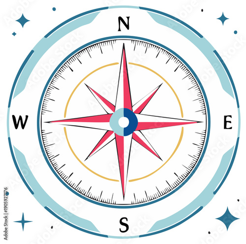 Compass Rose Navigation Symbol with Cardinal Directions and Coastal Elements