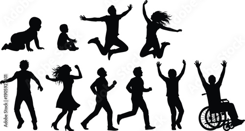 "Black silhouette illustration set of human life stages and activities including baby, toddler, walking, dancing, running, celebration, and wheelchair inclusivity"