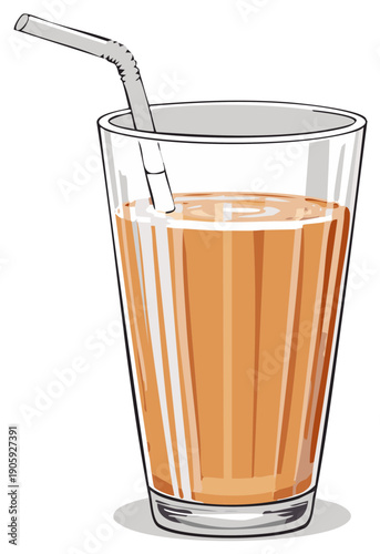 Tall glass of refreshing amber colored beverage with straw