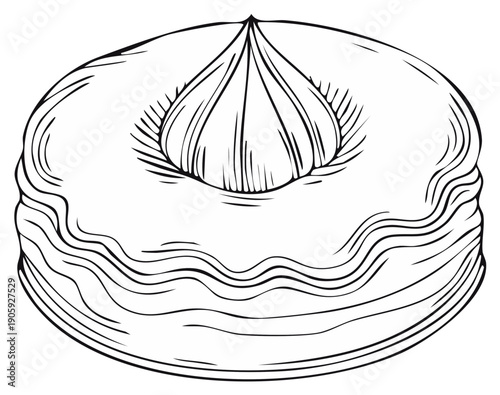 Elegant black and white illustration of a traditional layered pastry with swirled frosting