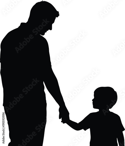 Father and young child holding hands in a tender silhouette shows a strong protective bond between parent and small son.