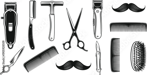 Barber grooming tool illustration set, vintage hair cutting equipment, professional scissors and razors, combs and brushes artwork, mustache design graphics
